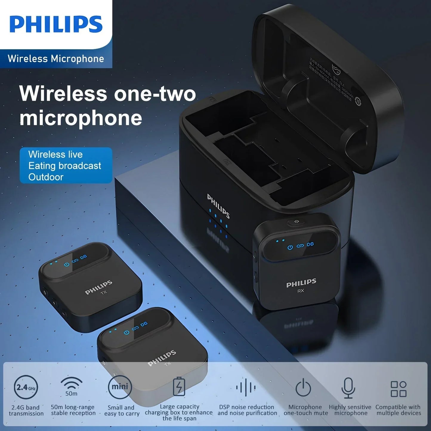 Philips 2.4 GHz Wireless Microphone 360 Sound Collecting Pin Microphone DLM3538C With Charging Case RRP $299
