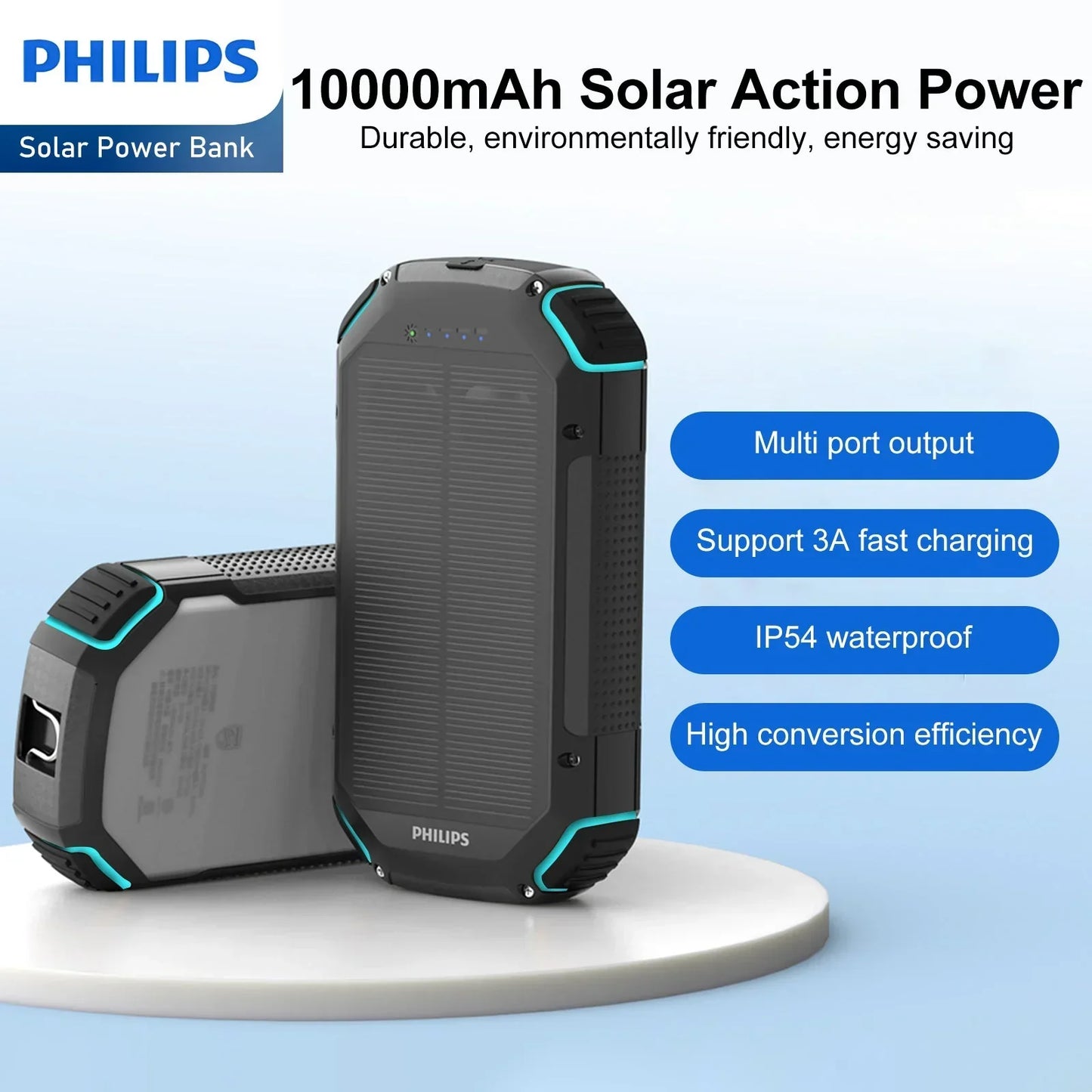 Philips 10000mAh Portable Solar Power Bank Supports Fast Charging Of Multiple Devices DLP7725N RRP $119