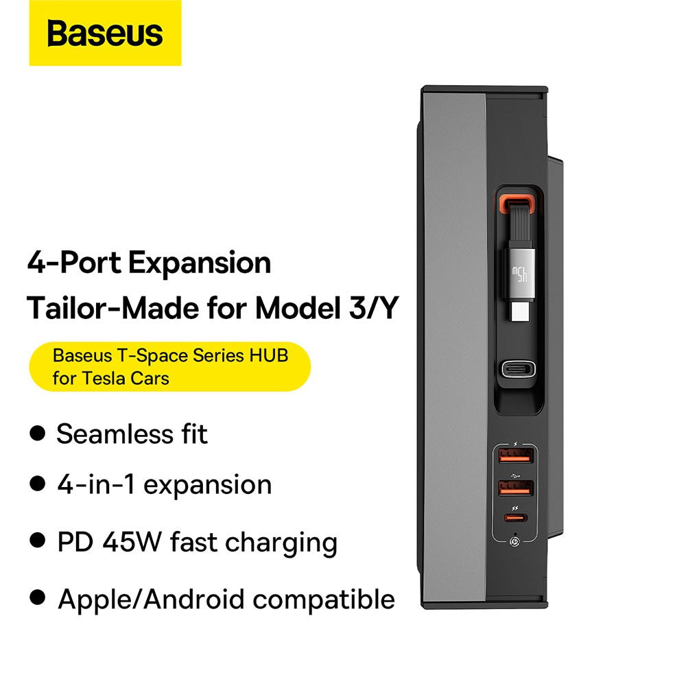 Baseus T-Space Series HUB for Tesla Cars (With a retractable 45W type-C cable)-Cluster Black RRP $179