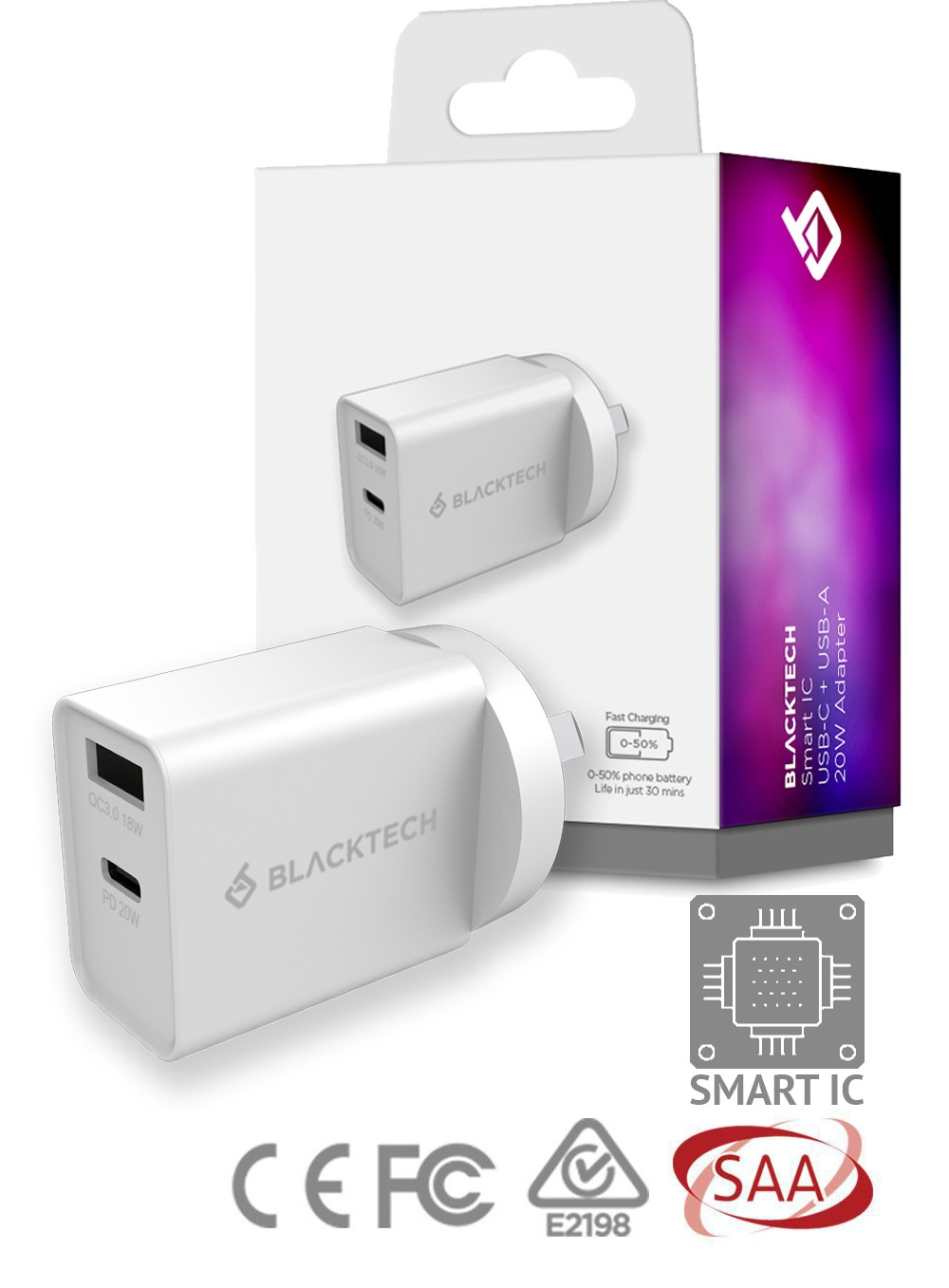 BLACKTECH USB-C USB-A 20W PD QC Charger With Smart IC - SAA Approved RRP $30