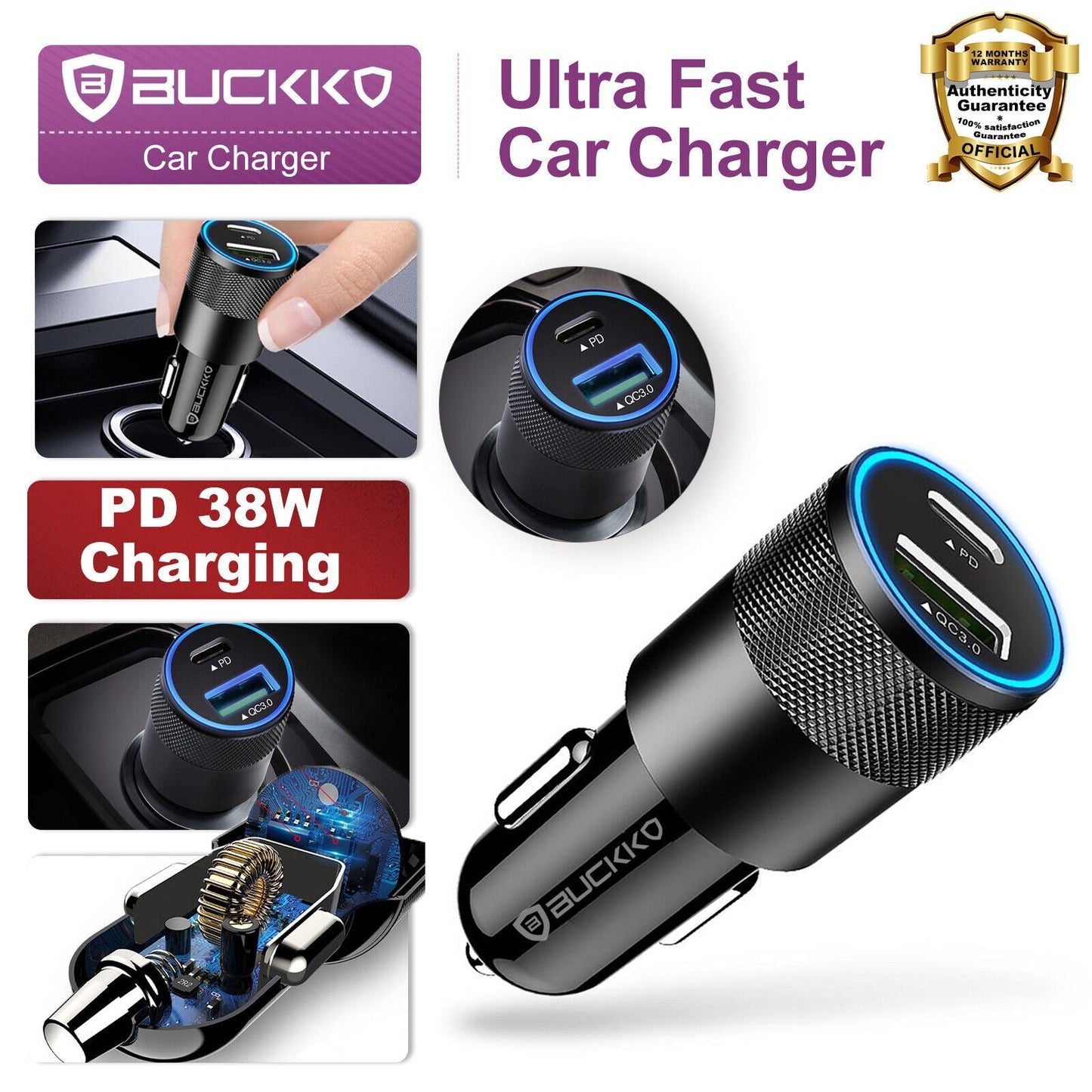 Buckko 38W USB-C USB-A Fast Car Charger RRP $29